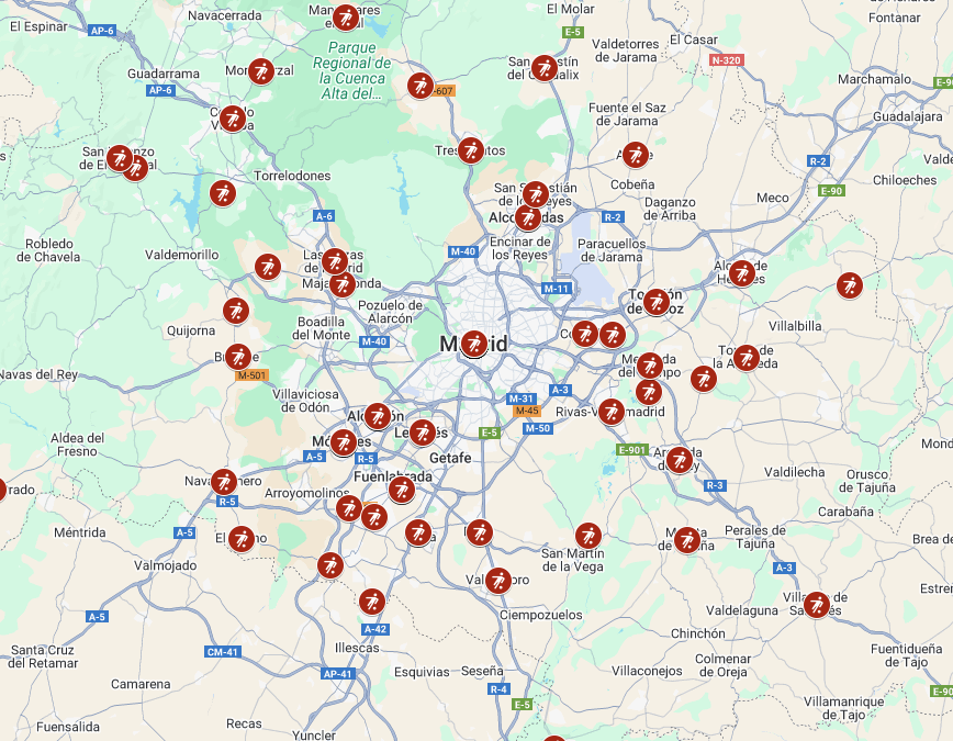 Mapa de los clubes de futsal de la Comunidad de Madrid AMCFS